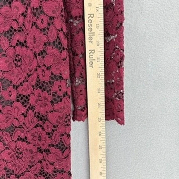 Maggy London Plum Wine Red Lace Fluted Midi Long Sleeve Dress Velvet Belt SZ 14 - Picture 4 of 9